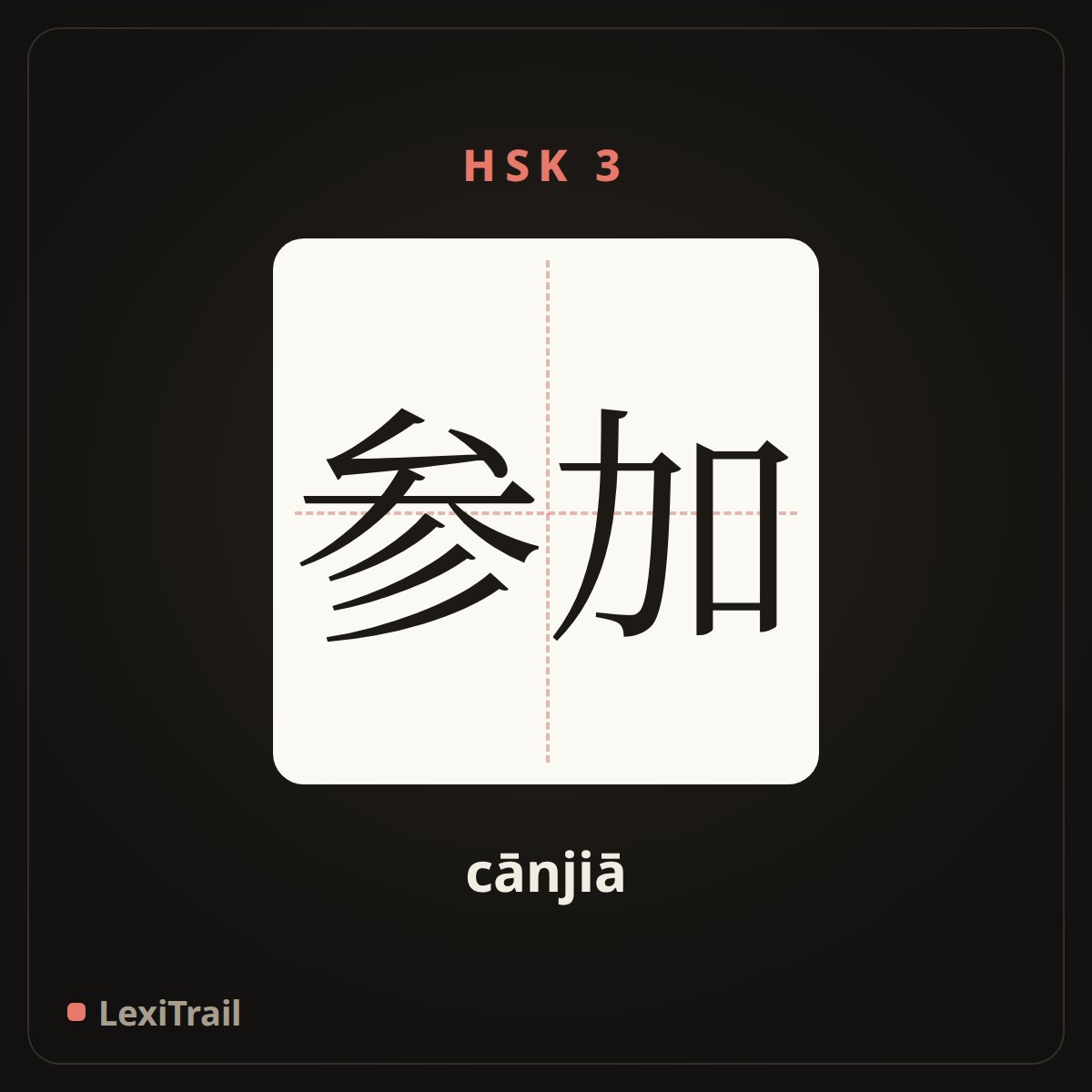 参加 — the Chinese character for participate in (cānjiā), stroke diagram
