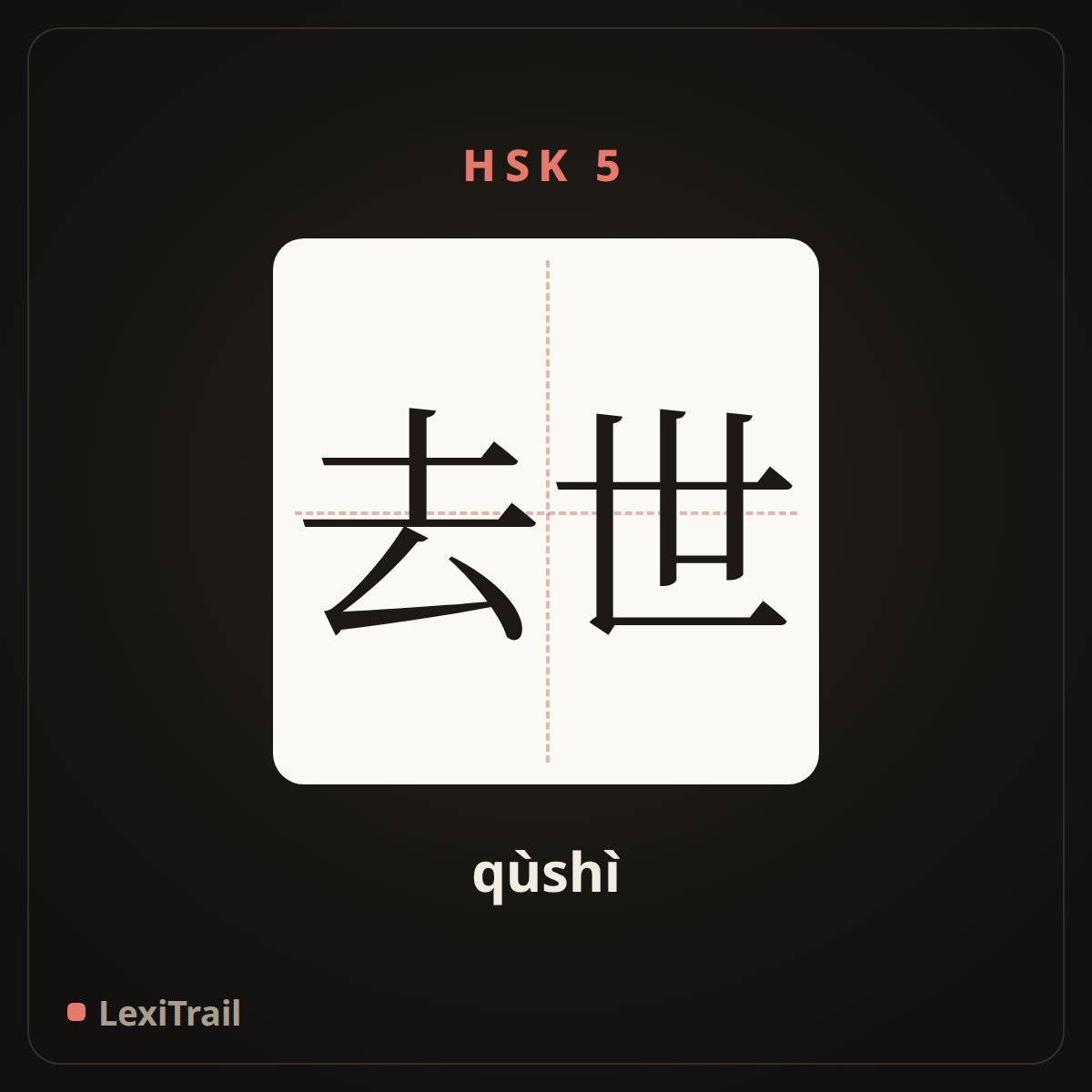 去世 — the Chinese character for pass away (qùshì), stroke diagram