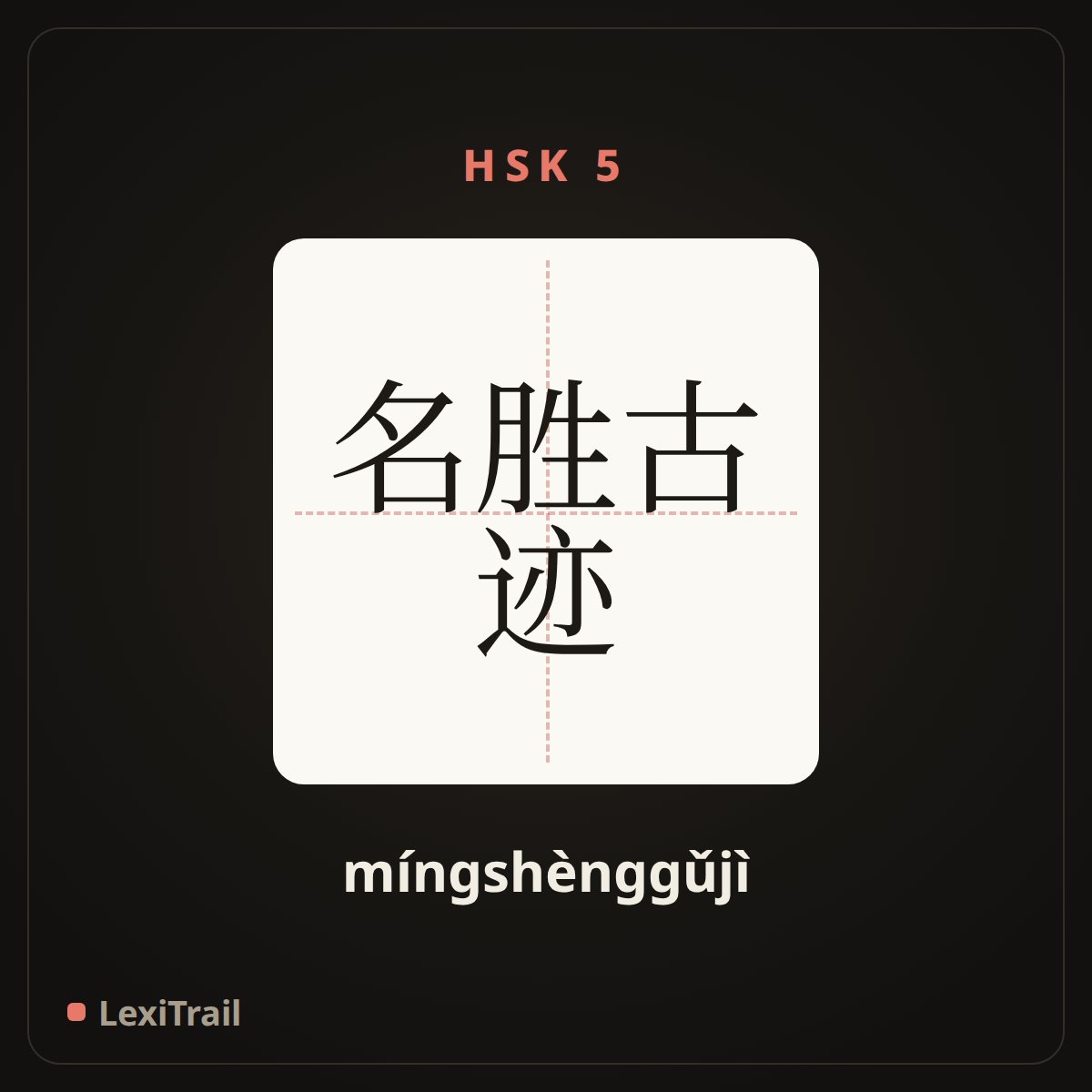 名胜古迹 — the Chinese character for Places of historic interest and scenic beauty (míngshènggǔjì), stroke diagram