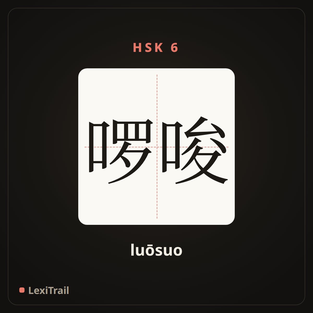 啰唆 — the Chinese character for troublesome, wordy (luōsuo), stroke diagram