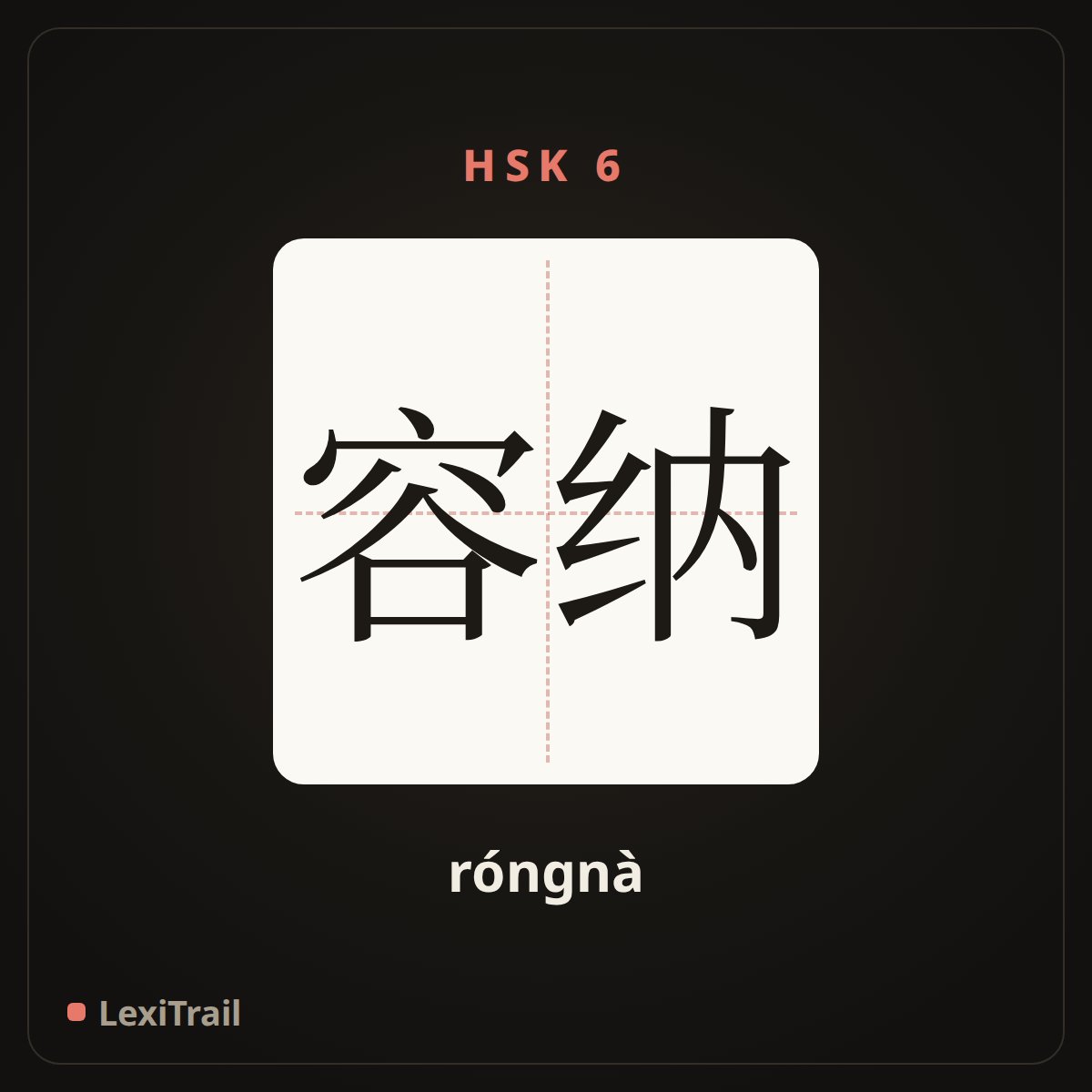 容纳 — the Chinese character for accommodate; contain; hold (róngnà), stroke diagram