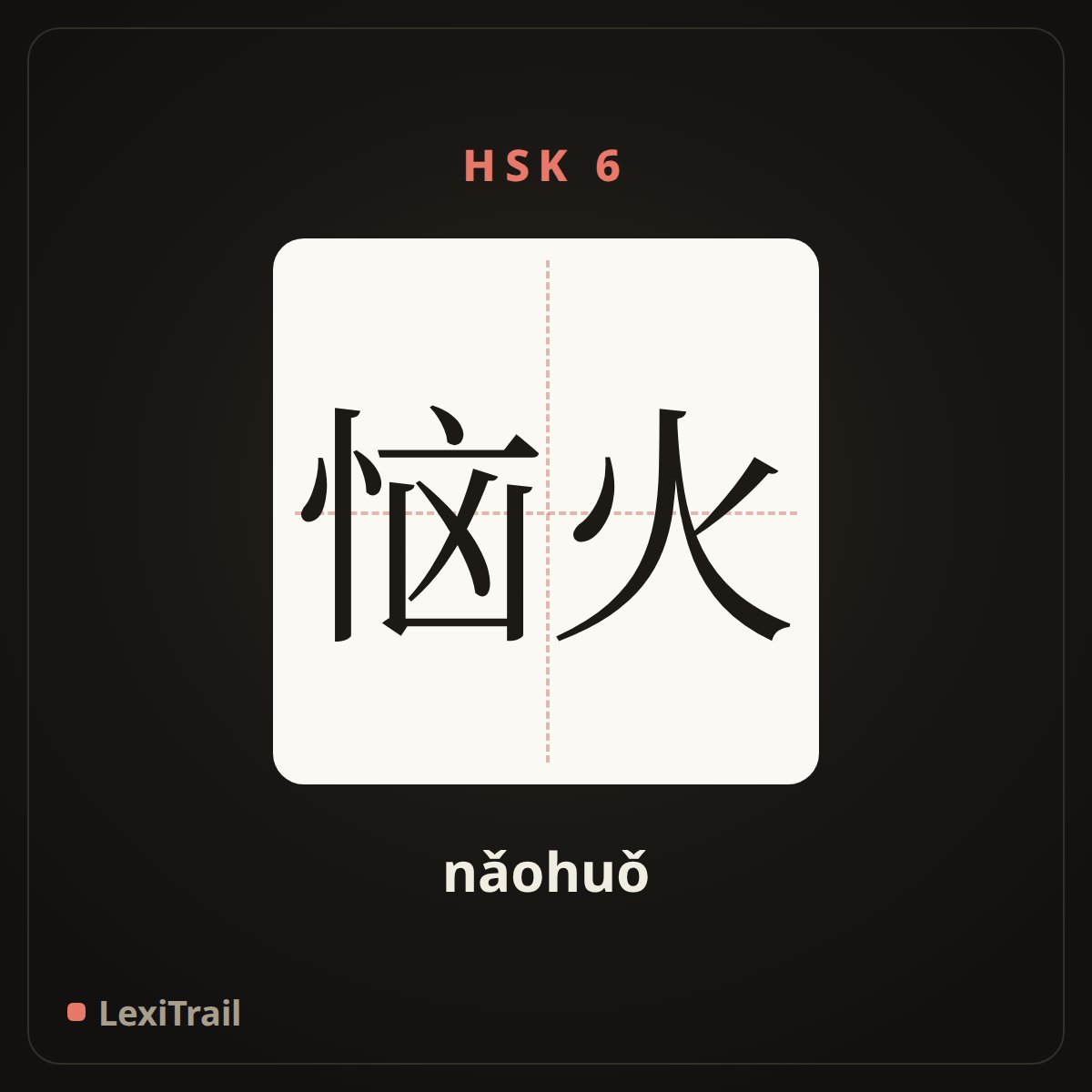 恼火 — the Chinese character for angry; take fire (nǎohuǒ), stroke diagram