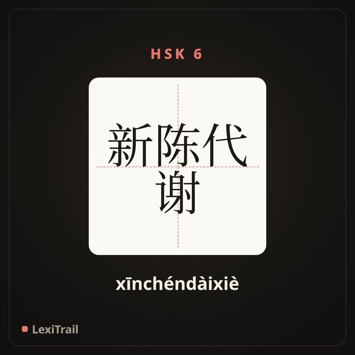 新陈代谢 — the Chinese character for The new supersedes the old (xīnchéndàixiè), stroke diagram