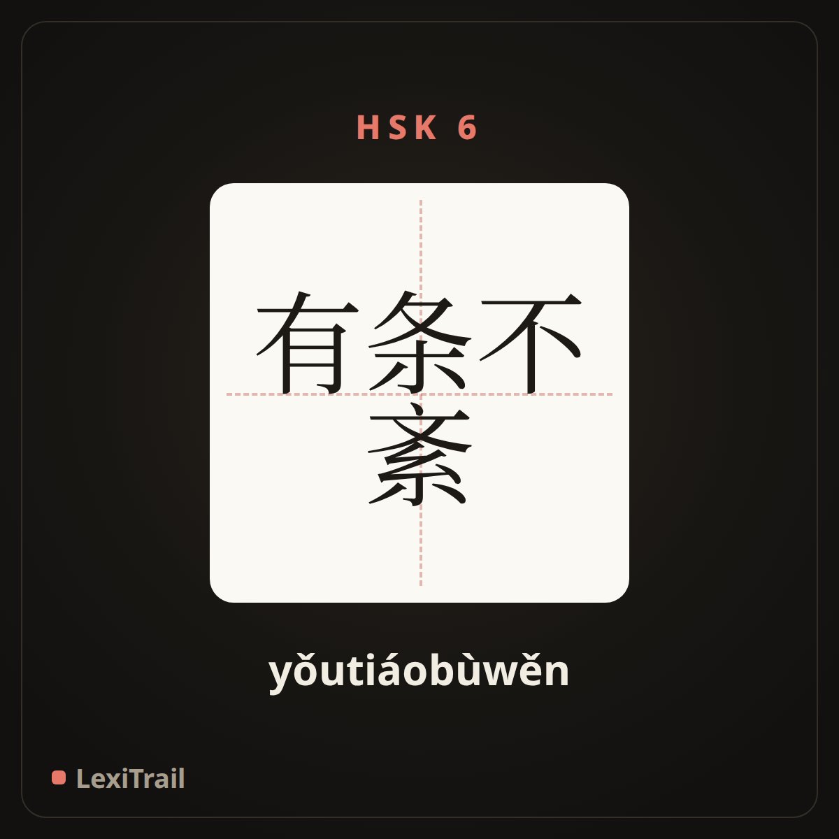 有条不紊 — the Chinese character for Everything in good order and well arranged (yǒutiáobùwěn), stroke diagram