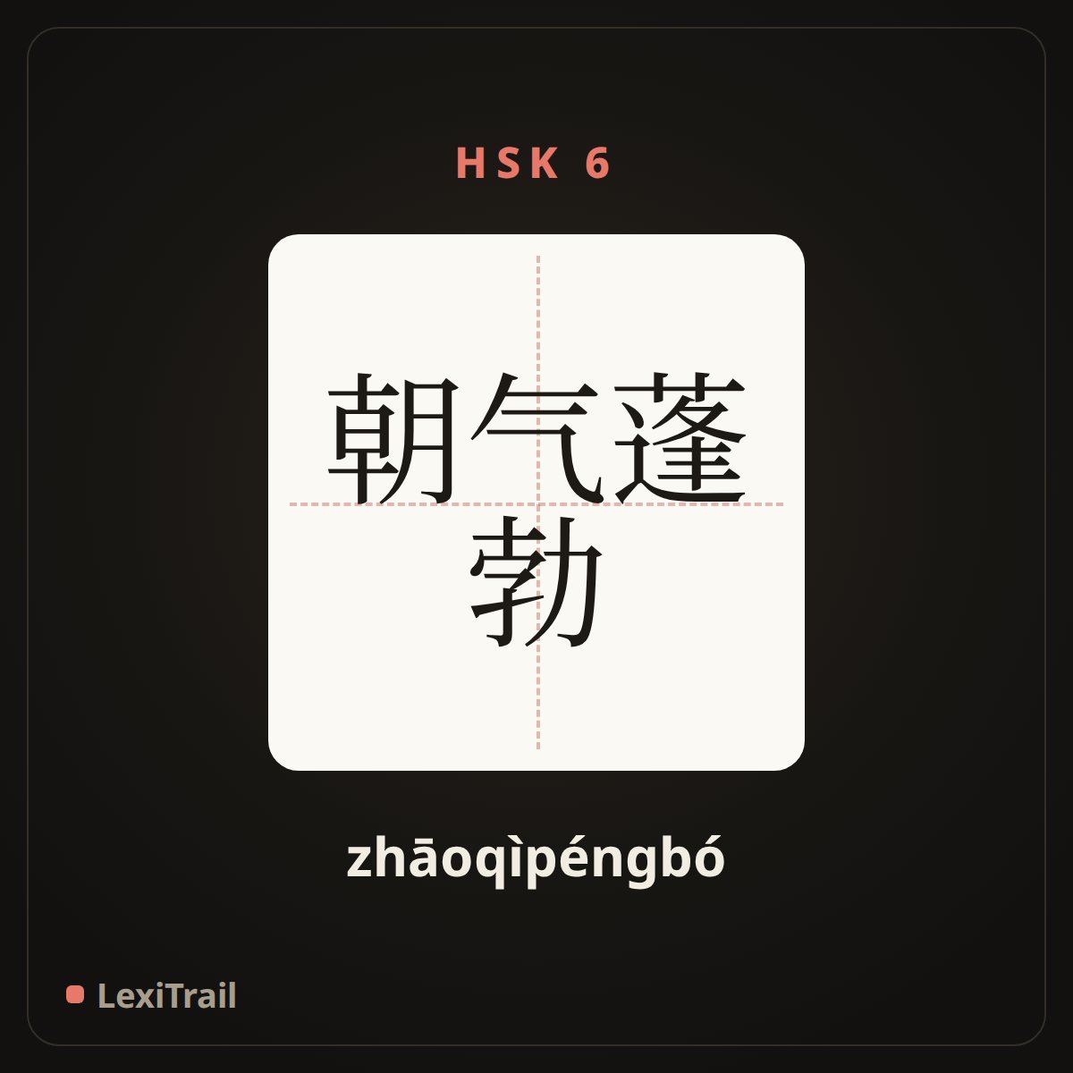 朝气蓬勃 — the Chinese character for Full of youthful spirit (zhāoqìpéngbó), stroke diagram