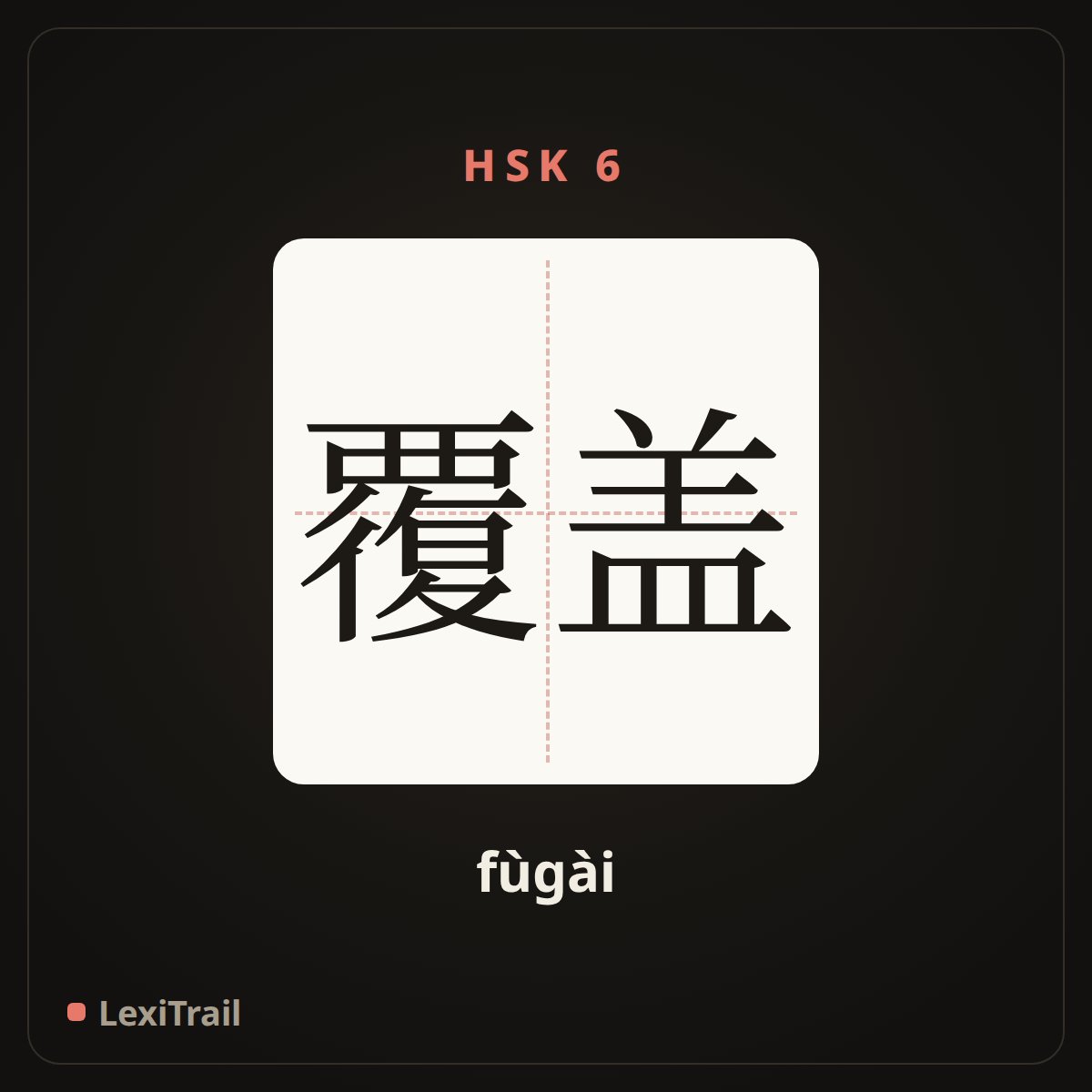 覆盖 — the Chinese character for overlay; cover with (fùgài), stroke diagram
