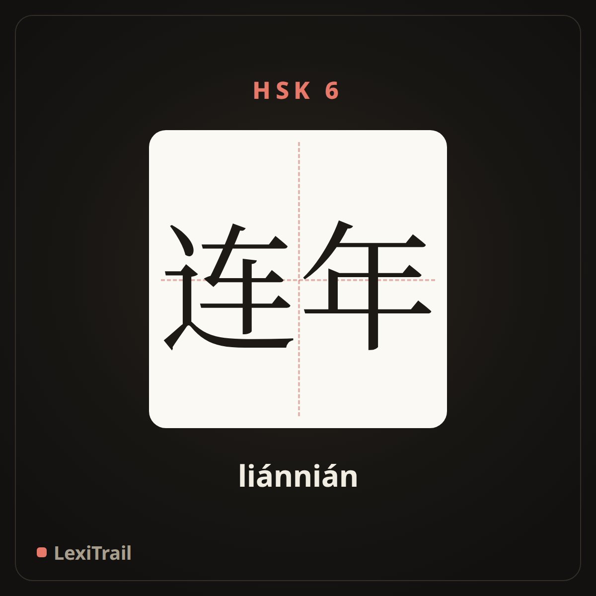连年 — the Chinese character for in successive years (liánnián), stroke diagram