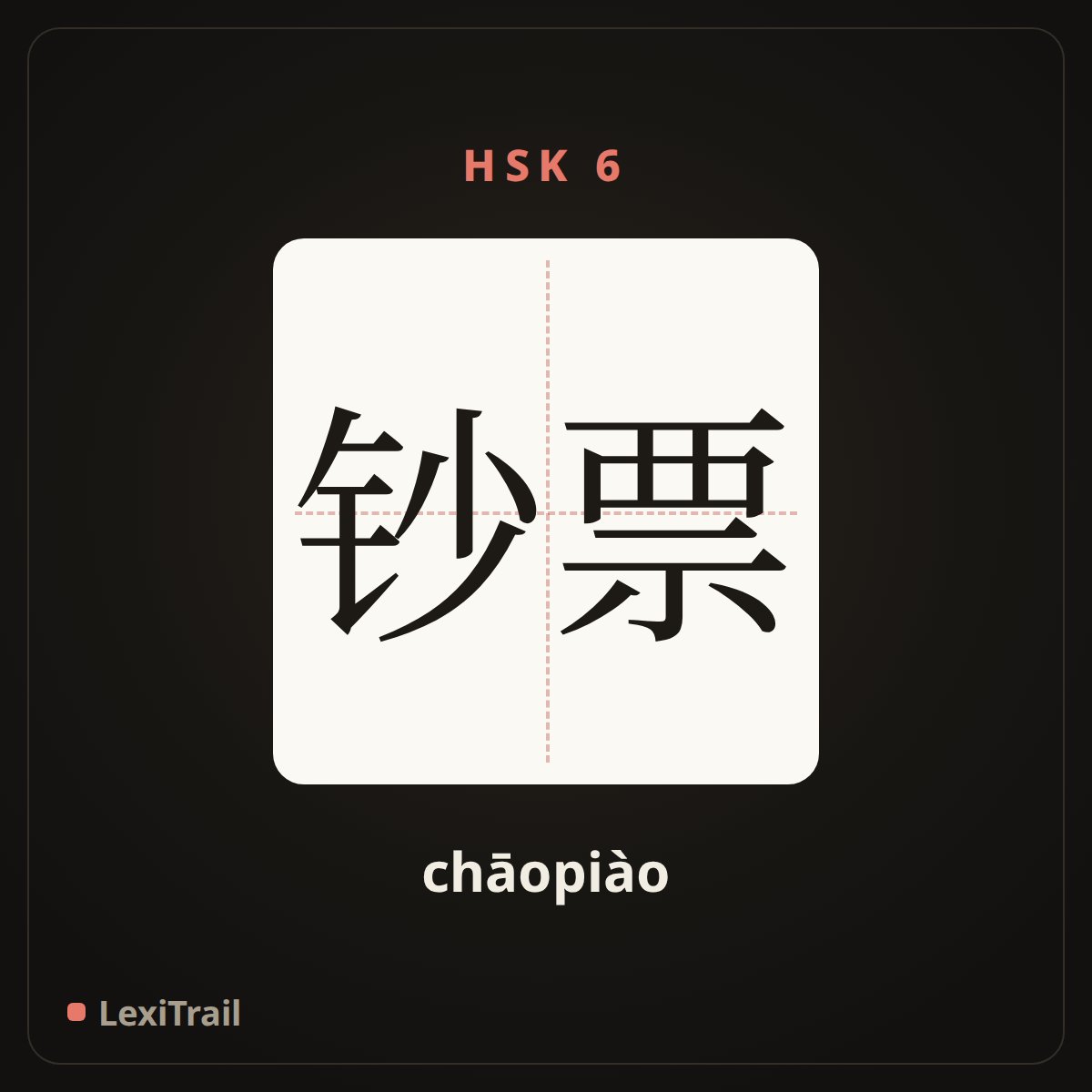 钞票 — the Chinese character for Bank note (chāopiào), stroke diagram