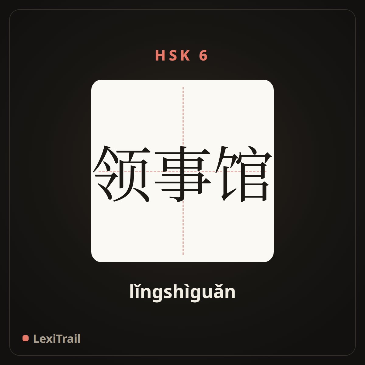 领事馆 — the Chinese character for Consulate (lǐngshìguǎn), stroke diagram